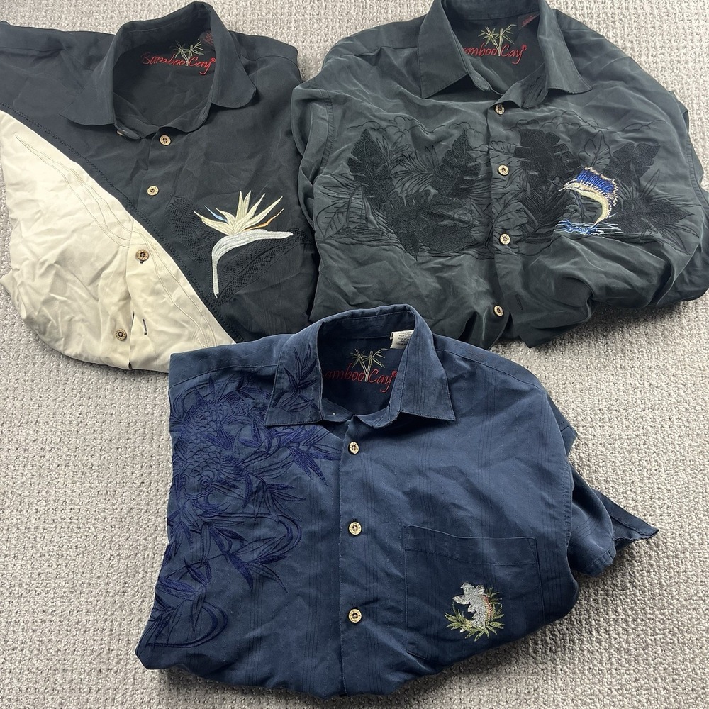 Bamboo Cay Shirt Men Small Bamboo Embroidered Hawaiian Camp Button Front Lot (3)
